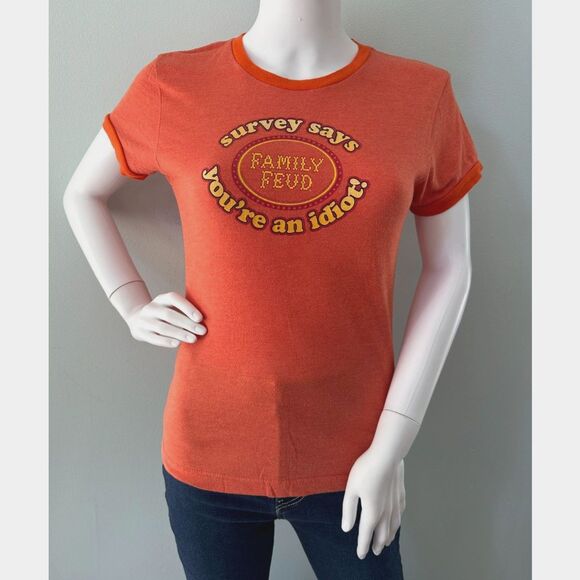 Y2k Vintage Family Feud Survey Says Graphic Ringer Tee Orange T Shirt size Large - Picture 2 of 8